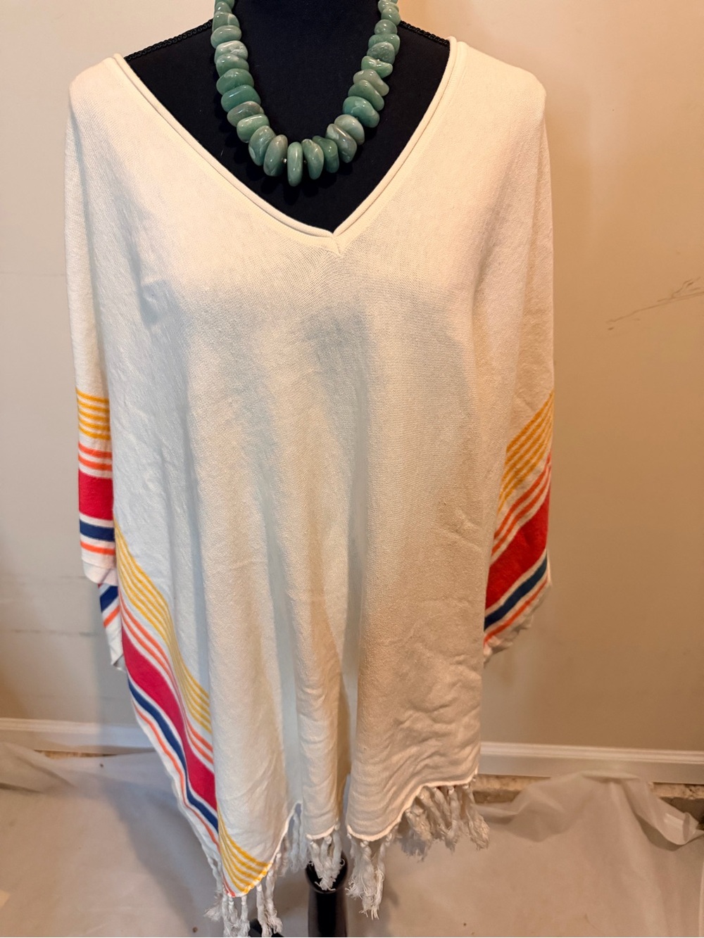 Seaton Boho Fringe V-Neck Poncho with Striped Accents - Picture 2 of 7